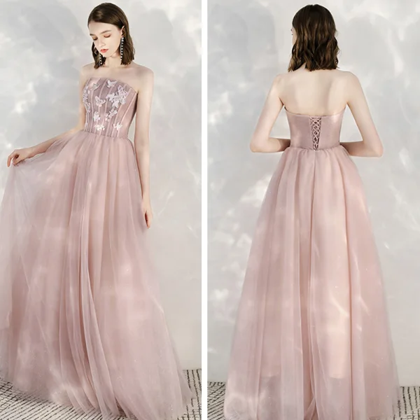 Elegant Blushing Pink Evening Dresses  2020 A-Line / Princess Strapless Sleeveless Butterfly Appliques Lace Glitter Tulle Floor-Length / Long Formal Dresses