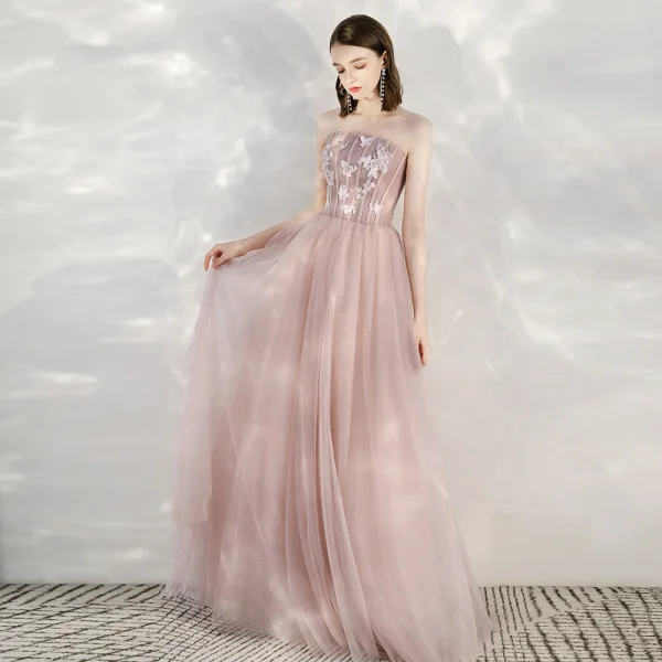 Elegant Blushing Pink Evening Dresses  2020 A-Line / Princess Strapless Sleeveless Butterfly Appliques Lace Glitter Tulle Floor-Length / Long Formal Dresses