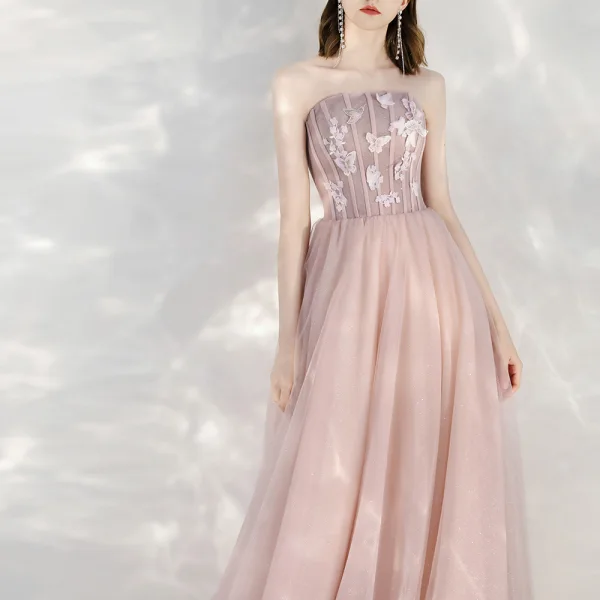 Elegant Blushing Pink Evening Dresses  2020 A-Line / Princess Strapless Sleeveless Butterfly Appliques Lace Glitter Tulle Floor-Length / Long Formal Dresses