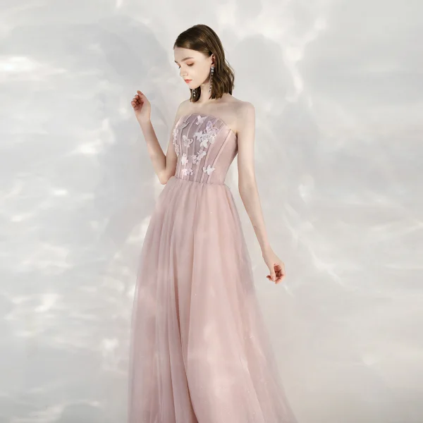 Elegant Blushing Pink Evening Dresses  2020 A-Line / Princess Strapless Sleeveless Butterfly Appliques Lace Glitter Tulle Floor-Length / Long Formal Dresses