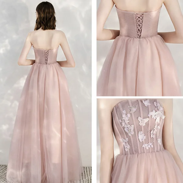 Elegant Blushing Pink Evening Dresses  2020 A-Line / Princess Strapless Sleeveless Butterfly Appliques Lace Glitter Tulle Floor-Length / Long Formal Dresses