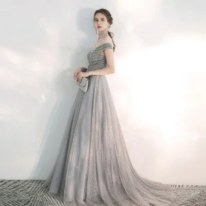 Elegant Grey Evening Dresses 2020 A Line Princess Off The Shoulder Short Sleeve Beading Spotted Tulle Sweep Train Ruffle Backless Formal Dresses