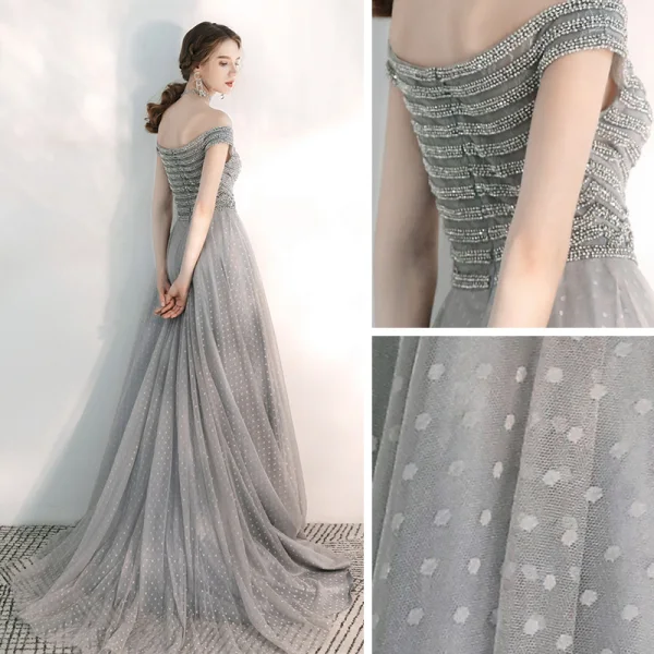 Élégant Gris Robe De Soirée 2020 Princesse De l'épaule Manches Courtes Perlage Tachetée Tulle Train De Balayage Volants Dos Nu Robe De Ceremonie