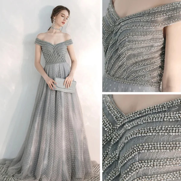 Élégant Gris Robe De Soirée 2020 Princesse De l'épaule Manches Courtes Perlage Tachetée Tulle Train De Balayage Volants Dos Nu Robe De Ceremonie