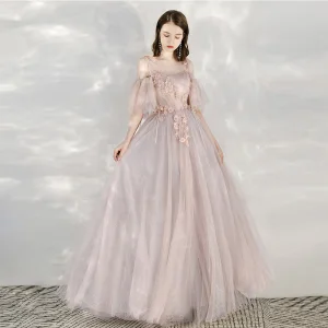 Élégant Champagne Robe De Soirée 2020 Princesse Bretelles Spaghetti Manches Courtes Appliques Fleur Perlage Perle Glitter Tulle Longue Volants Dos Nu Robe De Ceremonie