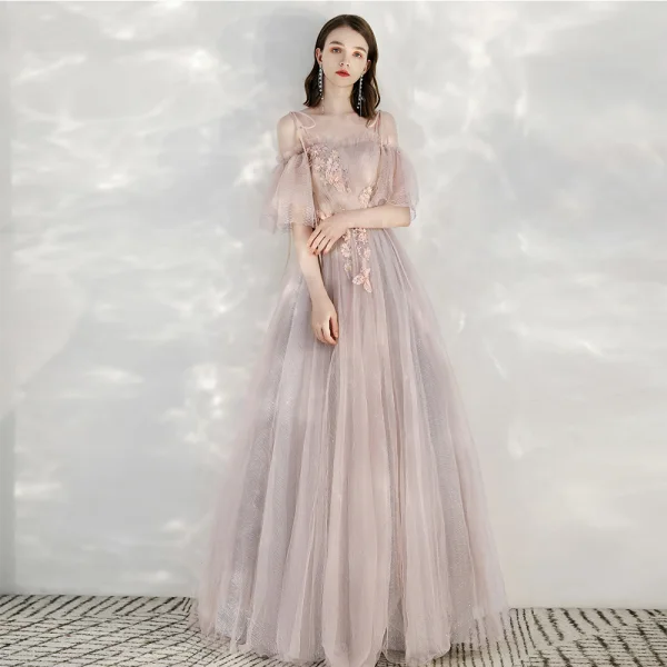 Elegant Champagne Evening Dresses  2020 A-Line / Princess Spaghetti Straps Short Sleeve Appliques Flower Beading Pearl Glitter Tulle Floor-Length / Long Ruffle Backless Formal Dresses