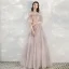 Elegant Champagne Evening Dresses  2020 A-Line / Princess Spaghetti Straps Short Sleeve Appliques Flower Beading Pearl Glitter Tulle Floor-Length / Long Ruffle Backless Formal Dresses