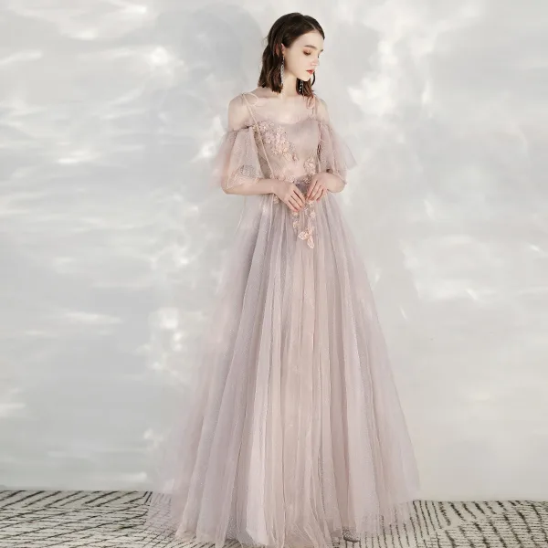 Elegant Champagne Evening Dresses  2020 A-Line / Princess Spaghetti Straps Short Sleeve Appliques Flower Beading Pearl Glitter Tulle Floor-Length / Long Ruffle Backless Formal Dresses