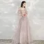 Elegant Champagne Evening Dresses  2020 A-Line / Princess Spaghetti Straps Short Sleeve Appliques Flower Beading Pearl Glitter Tulle Floor-Length / Long Ruffle Backless Formal Dresses
