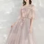 Elegant Champagne Evening Dresses  2020 A-Line / Princess Spaghetti Straps Short Sleeve Appliques Flower Beading Pearl Glitter Tulle Floor-Length / Long Ruffle Backless Formal Dresses
