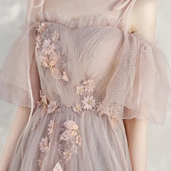 Elegant Champagne Evening Dresses  2020 A-Line / Princess Spaghetti Straps Short Sleeve Appliques Flower Beading Pearl Glitter Tulle Floor-Length / Long Ruffle Backless Formal Dresses
