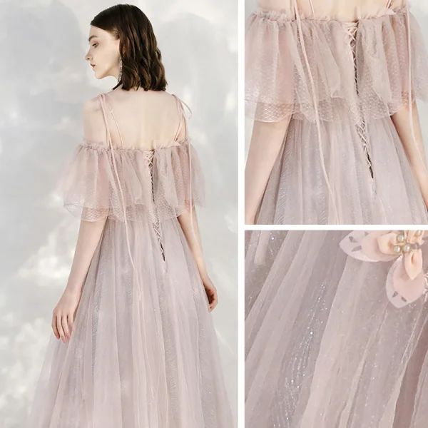 Elegant Champagne Evening Dresses  2020 A-Line / Princess Spaghetti Straps Short Sleeve Appliques Flower Beading Pearl Glitter Tulle Floor-Length / Long Ruffle Backless Formal Dresses