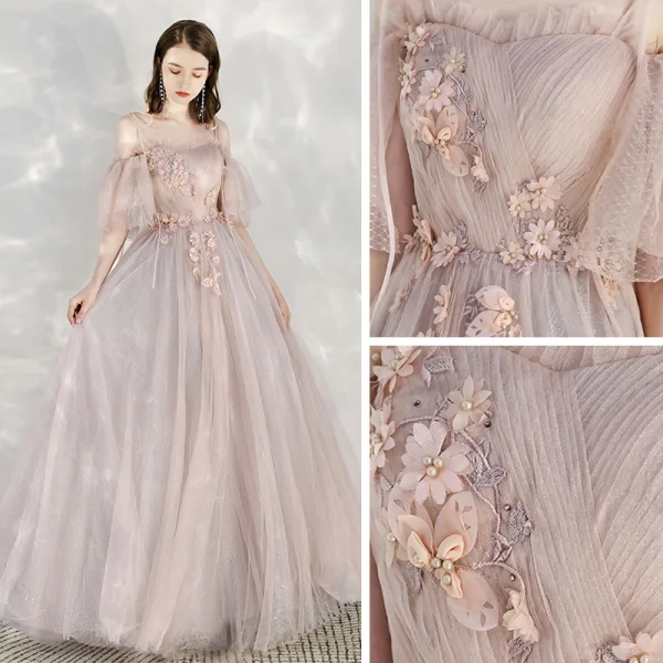 Elegant Champagne Evening Dresses  2020 A-Line / Princess Spaghetti Straps Short Sleeve Appliques Flower Beading Pearl Glitter Tulle Floor-Length / Long Ruffle Backless Formal Dresses