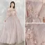 Elegant Champagne Evening Dresses  2020 A-Line / Princess Spaghetti Straps Short Sleeve Appliques Flower Beading Pearl Glitter Tulle Floor-Length / Long Ruffle Backless Formal Dresses