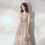 Élégant Champagne Robe De Soirée 2020 Princesse Transparentes Encolure Dégagée Sans Manches Ceinture Appliques En Dentelle Paillettes Train De Balayage Volants Dos Nu Robe De Ceremonie