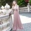 Sexy Rosa Abendkleider 2020 A Linie Tiefer V-Ausschnitt Ärmellos Perlenstickerei Pailletten Glanz Polyester Sweep / Pinsel Zug Rüschen Rückenfreies Festliche Kleider