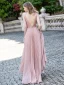 Sexy Rosa Abendkleider 2020 A Linie Tiefer V-Ausschnitt Ärmellos Perlenstickerei Pailletten Glanz Polyester Sweep / Pinsel Zug Rüschen Rückenfreies Festliche Kleider