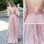 Sexy Rosa Abendkleider 2020 A Linie Tiefer V-Ausschnitt Ärmellos Perlenstickerei Pailletten Glanz Polyester Sweep / Pinsel Zug Rüschen Rückenfreies Festliche Kleider