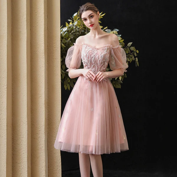 Schöne Pearl Rosa Heimkehr Abiballkleider 2020 A Linie Off Shoulder Geschwollenes Kurze Ärmel Perlenstickerei Pailletten Kurze Rüschen Rückenfreies Festliche Kleider