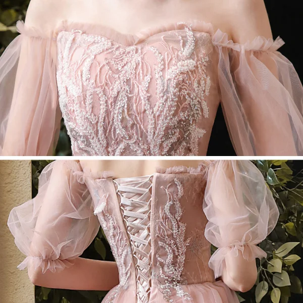 Schöne Pearl Rosa Heimkehr Abiballkleider 2020 A Linie Off Shoulder Geschwollenes Kurze Ärmel Perlenstickerei Pailletten Kurze Rüschen Rückenfreies Festliche Kleider