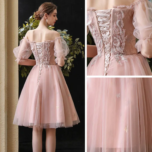 Schöne Pearl Rosa Heimkehr Abiballkleider 2020 A Linie Off Shoulder Geschwollenes Kurze Ärmel Perlenstickerei Pailletten Kurze Rüschen Rückenfreies Festliche Kleider