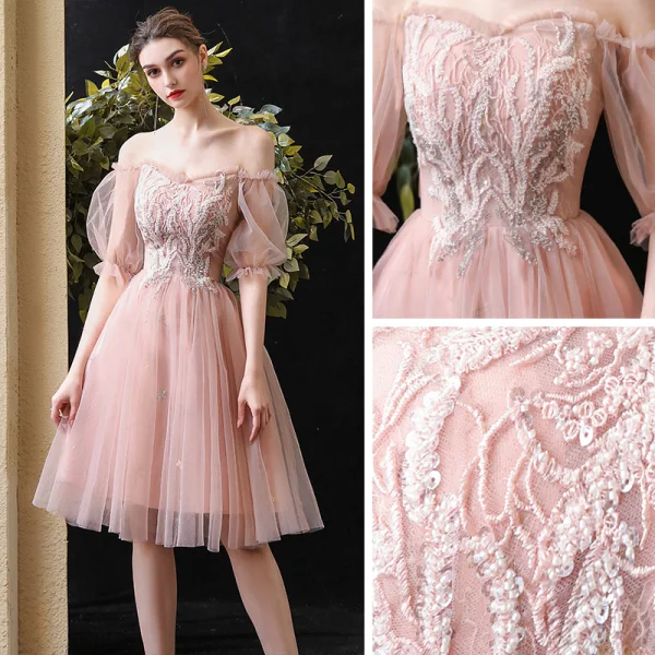 Schöne Pearl Rosa Heimkehr Abiballkleider 2020 A Linie Off Shoulder Geschwollenes Kurze Ärmel Perlenstickerei Pailletten Kurze Rüschen Rückenfreies Festliche Kleider