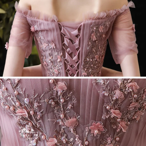 Chic / Belle Rougissant Rose de retour Robe De Graduation 2020 Princesse De l'épaule Manches Courtes Appliques En Dentelle Perlage Perle Thé Longueur Volants Dos Nu