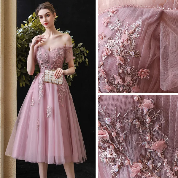 Chic / Belle Rougissant Rose de retour Robe De Graduation 2020 Princesse De l'épaule Manches Courtes Appliques En Dentelle Perlage Perle Thé Longueur Volants Dos Nu