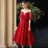 Chic / Beautiful Burgundy Homecoming Graduation Dresses With Shawl 2020 A-Line / Princess See-through Square Neckline Sleeveless Appliques Lace Rhinestone Tea-length Ruffle Backless Formal Dresses