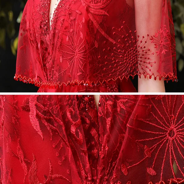 Chic / Belle Bordeaux de retour Robe De Graduation Avec Châle 2020 Princesse Transparentes Encolure Carrée Sans Manches Appliques En Dentelle Faux Diamant Thé Longueur Volants Dos Nu Robe De Ceremonie