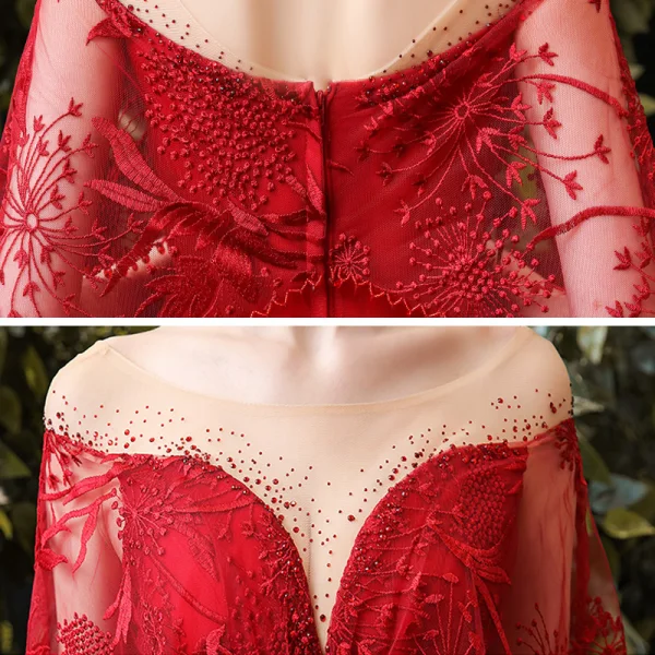Chic / Belle Bordeaux de retour Robe De Graduation Avec Châle 2020 Princesse Transparentes Encolure Carrée Sans Manches Appliques En Dentelle Faux Diamant Thé Longueur Volants Dos Nu Robe De Ceremonie