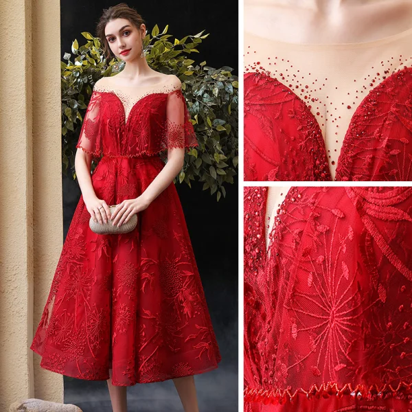 Chic / Belle Bordeaux de retour Robe De Graduation Avec Châle 2020 Princesse Transparentes Encolure Carrée Sans Manches Appliques En Dentelle Faux Diamant Thé Longueur Volants Dos Nu Robe De Ceremonie