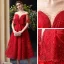 Chic / Belle Bordeaux de retour Robe De Graduation Avec Châle 2020 Princesse Transparentes Encolure Carrée Sans Manches Appliques En Dentelle Faux Diamant Thé Longueur Volants Dos Nu Robe De Ceremonie