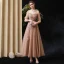 Elegant Brown Prom Dresses 2020 A-Line / Princess Off-The-Shoulder Puffy 1/2 Sleeves Appliques Lace Beading Ankle Length Ruffle Backless Formal Dresses