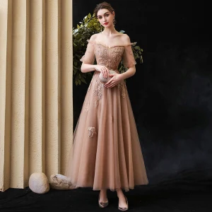 Elegant Brown Prom Dresses 2020 A Line Princess Off The Shoulder Puffy 1 2 Sleeves Appliques Lace Beading Ankle Length Ruffle Backless Formal Dresses