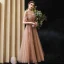 Elegant Brown Prom Dresses 2020 A-Line / Princess Off-The-Shoulder Puffy 1/2 Sleeves Appliques Lace Beading Ankle Length Ruffle Backless Formal Dresses