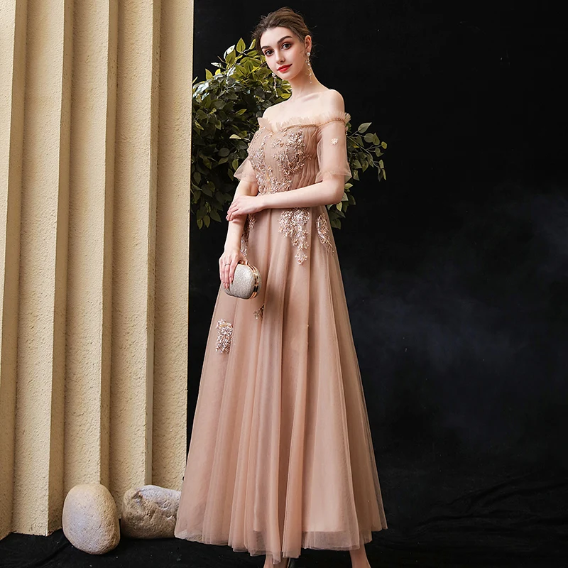 Elegant Brown Prom Dresses 2020 A Line Princess Off The Shoulder Puffy 1 2 Sleeves Appliques Lace Beading Ankle Length Ruffle Backless Formal Dresses Elegant Brown Prom Dresses 2020 A Line Princess Off The Shoulder Puffy 1 2 Sleeves Appliques Lace Beading Ankle Length Ruffle Backless Formal Dresses