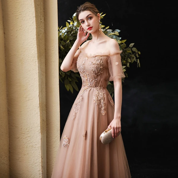 Elegant Brown Prom Dresses 2020 A-Line / Princess Off-The-Shoulder Puffy 1/2 Sleeves Appliques Lace Beading Ankle Length Ruffle Backless Formal Dresses