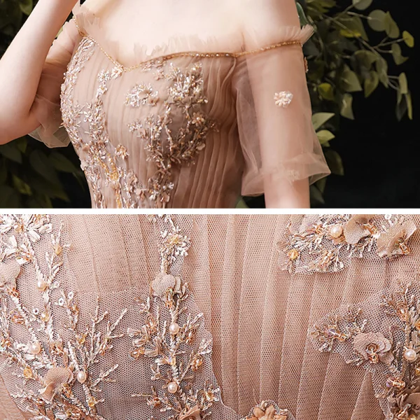 Elegant Brown Prom Dresses 2020 A-Line / Princess Off-The-Shoulder Puffy 1/2 Sleeves Appliques Lace Beading Ankle Length Ruffle Backless Formal Dresses