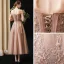 Elegant Brown Prom Dresses 2020 A-Line / Princess Off-The-Shoulder Puffy 1/2 Sleeves Appliques Lace Beading Ankle Length Ruffle Backless Formal Dresses