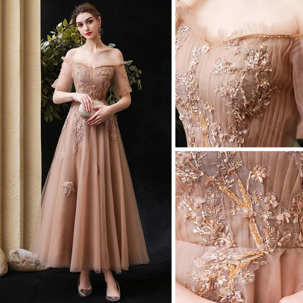 Elegant Brown Prom Dresses 2020 A-Line / Princess Off-The-Shoulder Puffy 1/2 Sleeves Appliques Lace Beading Ankle Length Ruffle Backless Formal Dresses