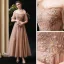 Elegant Brown Prom Dresses 2020 A-Line / Princess Off-The-Shoulder Puffy 1/2 Sleeves Appliques Lace Beading Ankle Length Ruffle Backless Formal Dresses