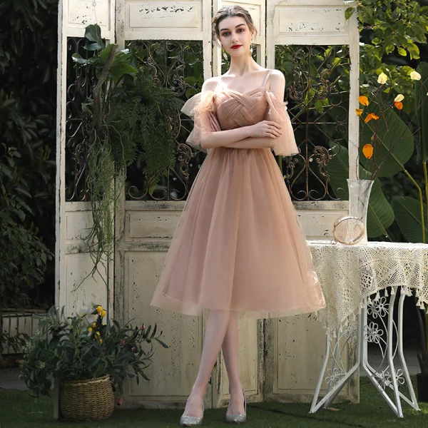 Affordable Brown Bridesmaid Dresses 2020 A-Line / Princess Backless Tea-length Ruffle Sash Affordable Brown Bridesmaid Dresses 2020 A-Line / Princess Backless Tea-length Ruffle Sash