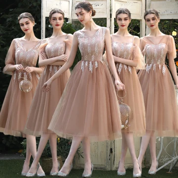Affordable Brown Bridesmaid Dresses 2020 A Line Princess Backless Appliques Lace Tea Length Ruffle