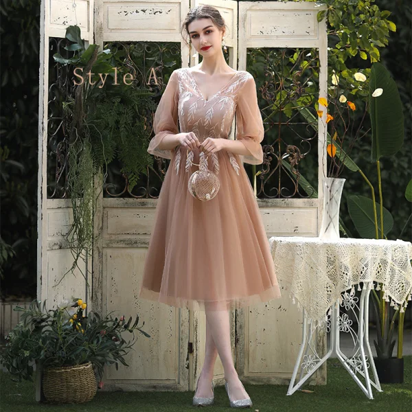 Affordable Brown Bridesmaid Dresses 2020 A-Line / Princess Backless Appliques Lace Tea-length Ruffle