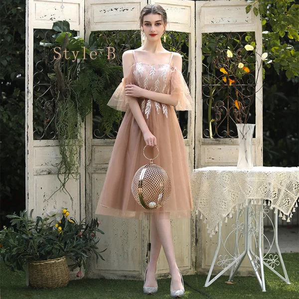 Affordable Brown Bridesmaid Dresses 2020 A-Line / Princess Backless Appliques Lace Tea-length Ruffle