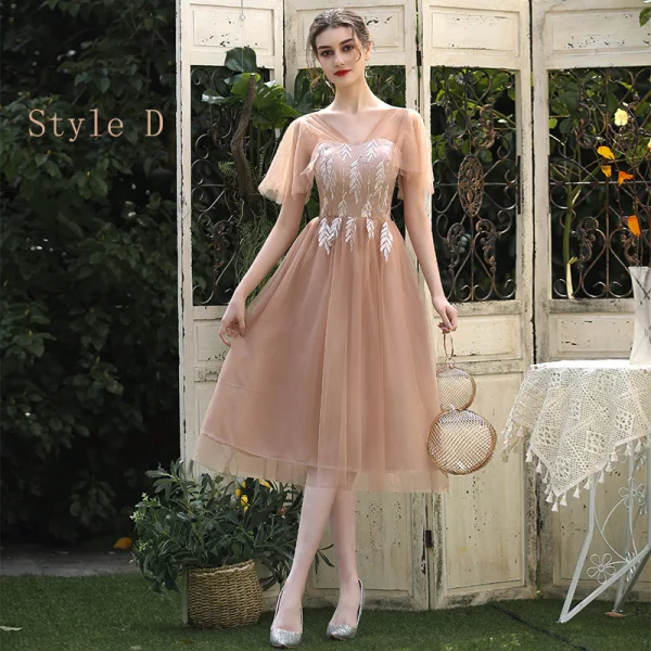 Affordable Brown Bridesmaid Dresses 2020 A-Line / Princess Backless Appliques Lace Tea-length Ruffle