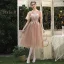 Affordable Brown Bridesmaid Dresses 2020 A-Line / Princess Backless Appliques Lace Tea-length Ruffle