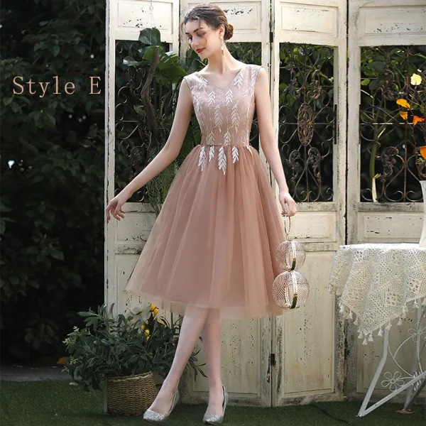 Affordable Brown Bridesmaid Dresses 2020 A-Line / Princess Backless Appliques Lace Tea-length Ruffle