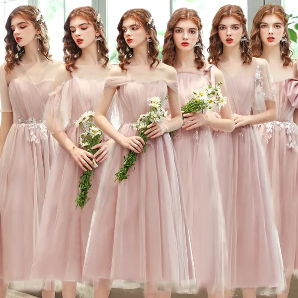 Affordable Blushing Pink Bridesmaid Dresses 2020 A-Line / Princess Backless Appliques Lace Tea-length Ruffle